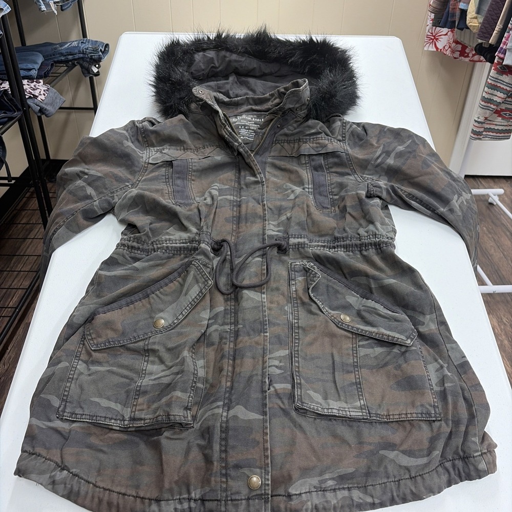 Vintage American Eagle Camo M65 Military Fur Hooded Coat Jacket Size XL